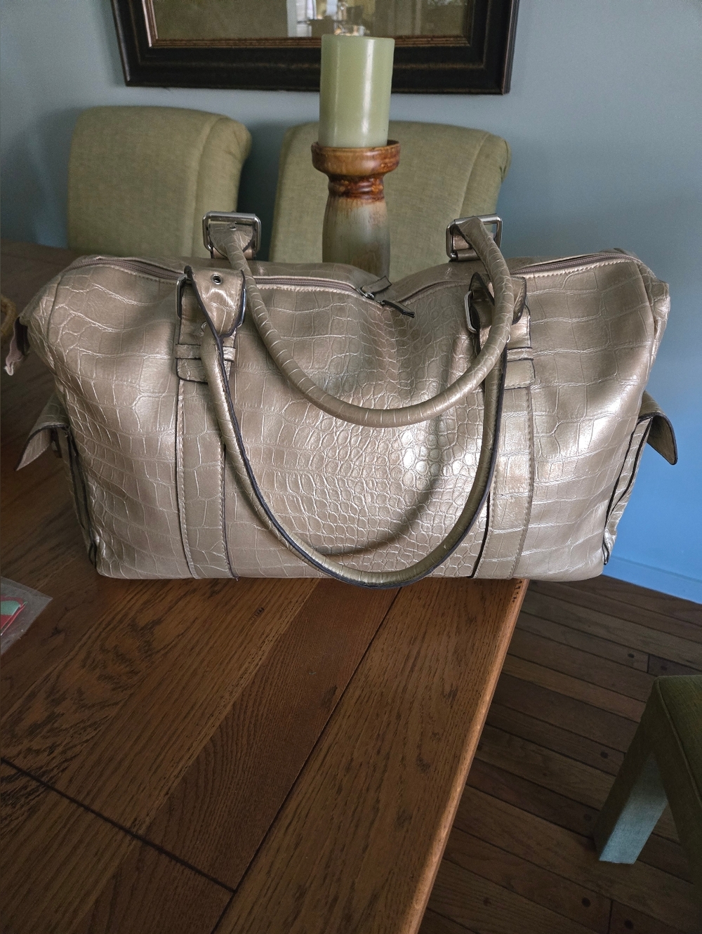 Bueno Metallic Cream Croc-Embossed Travel Bag